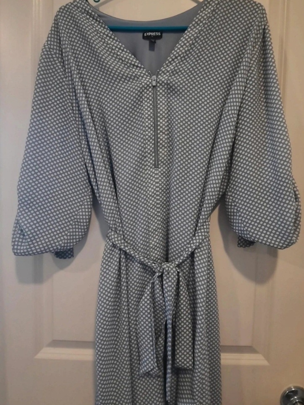 Express Blue Polka Dot Tie-Waist Dress